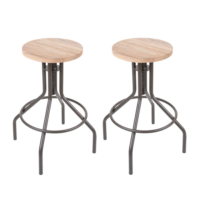 Set of 2 Rustic Wooden Bar Stool - Round Frame