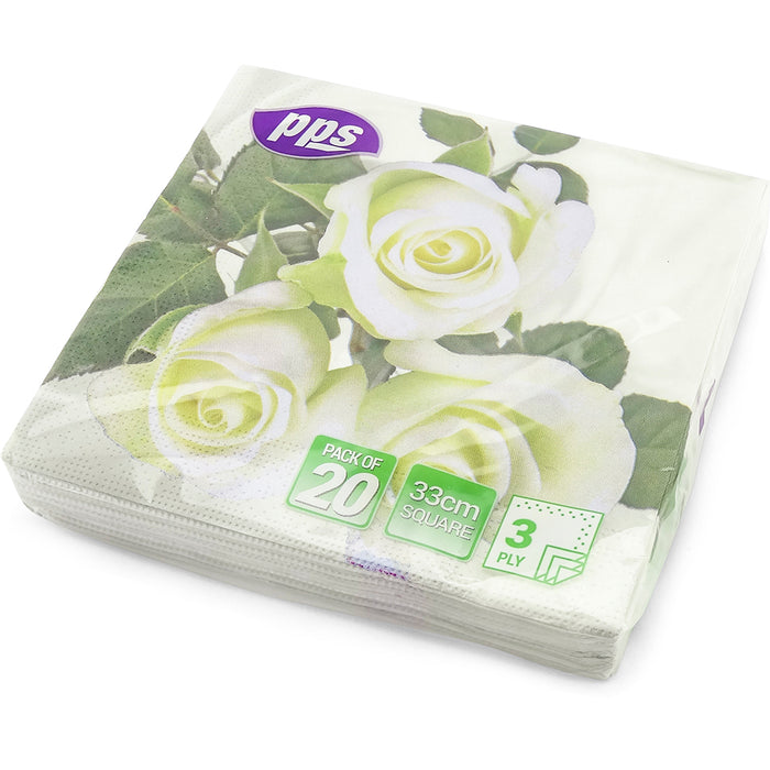 Napkins Design 3ply White Rose 33cm 12pc