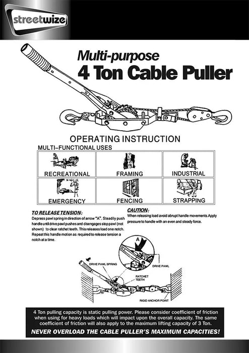 Heavy Duty Hand Cable Puller 4 Tonne