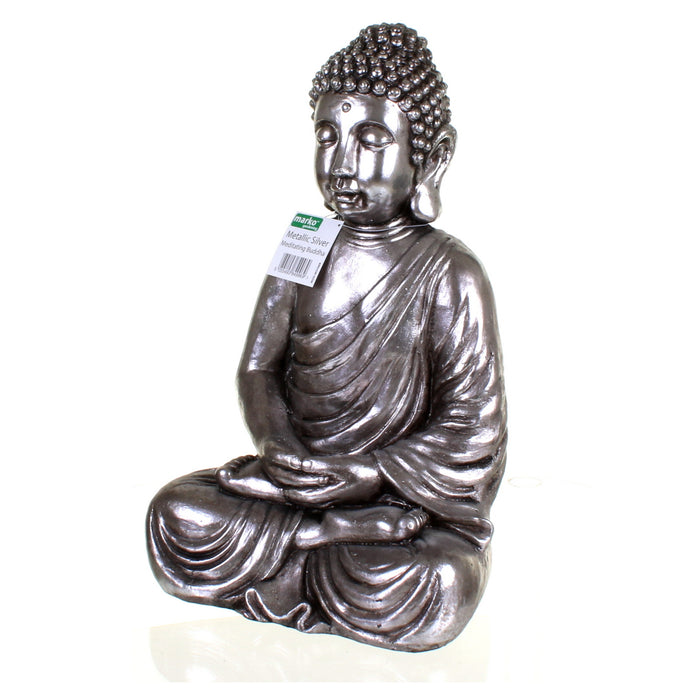 Metallic Silver Meditating Buddha