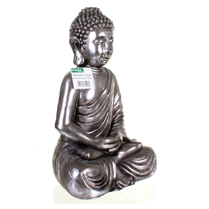 Metallic Silver Meditating Buddha