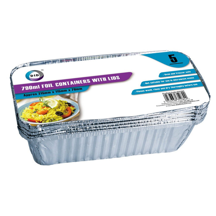 5pc 790ml foil containers with lids (approx 215mm x 115mm x 70mm)