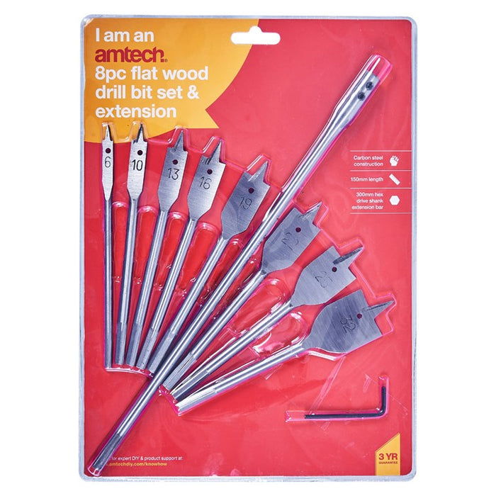 Flat Wood Bit Set 12'' Extension 8pc