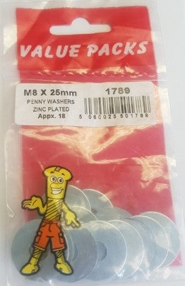 M8 X 25mm Penny Washers Zinc 16pc