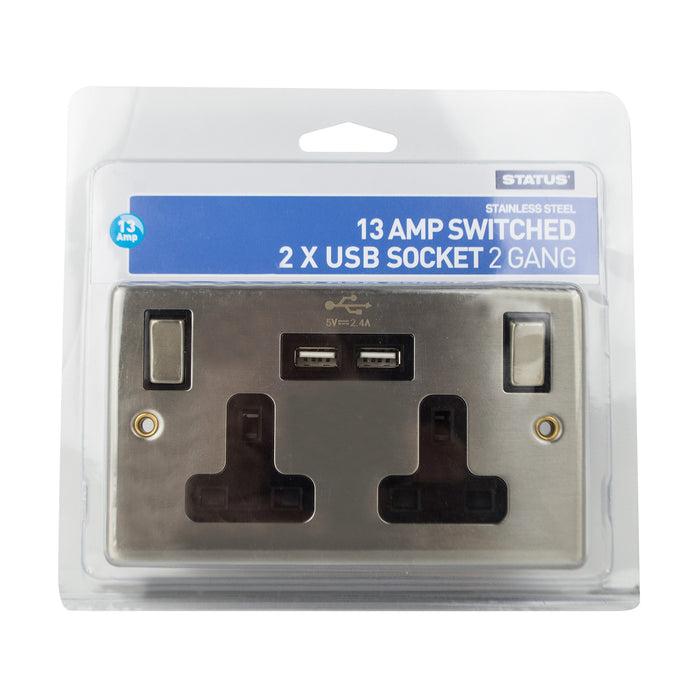 Stainless Steel Screw Wall Socket 2 USB's