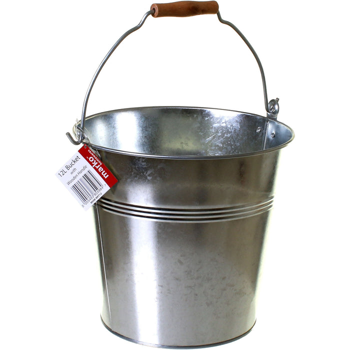12L Galvanised Metal Bucket with Wooden Handle KO